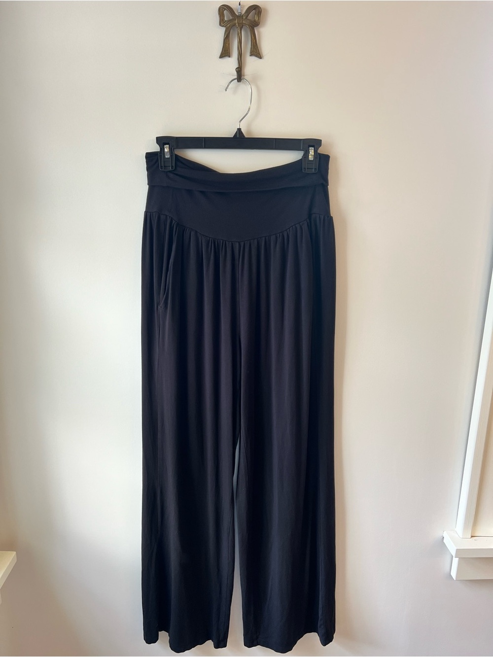 Athleta Studio Wide Leg Pant Womens Small Foldover Waist Pockets Black Pull On